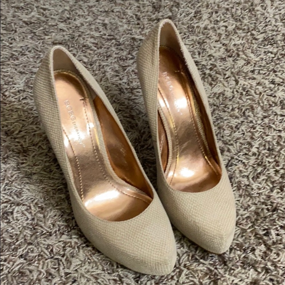 8 BCBG platforms nude snake print looking.